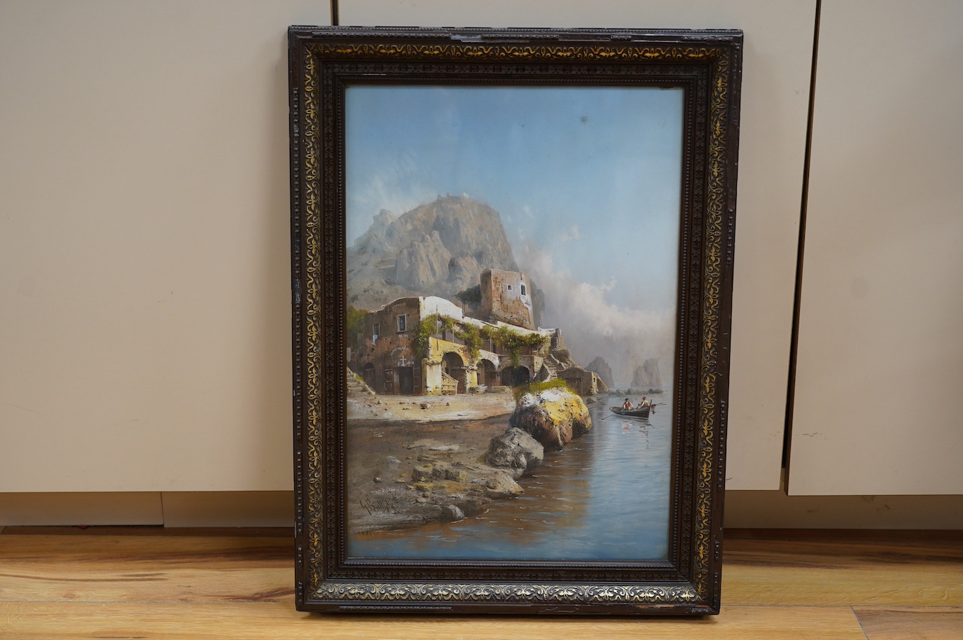 Continental gouache, Coastal view with fishing boat and villa, indistinctly signed lower left, 50 x 35cm. Condition - fair, would benefit from a clean